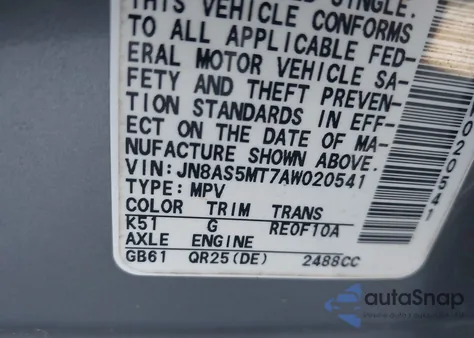 2010 Nissan Rogue Sl z USA, uszkodzony, nr VIN JN8AS5MT7AW020541